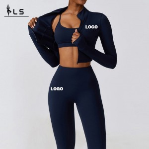 SC9281 3 phíosa seaicéad spórt spórt bra leggings yoga culaith yoga luiteoga folláine dubh giomnáisiam caitheamh mná ag seinm éadaí giomnáisiam zip barr caitheamh gníomhach